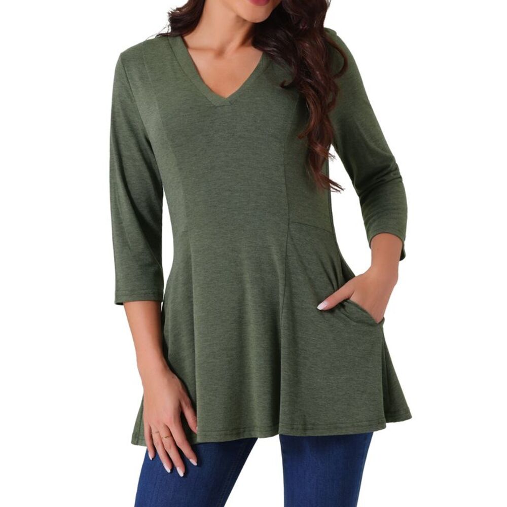 V Neck 3/4 Sleeve Tops Fall Casual T Shirts A Line Basic Blouses Green